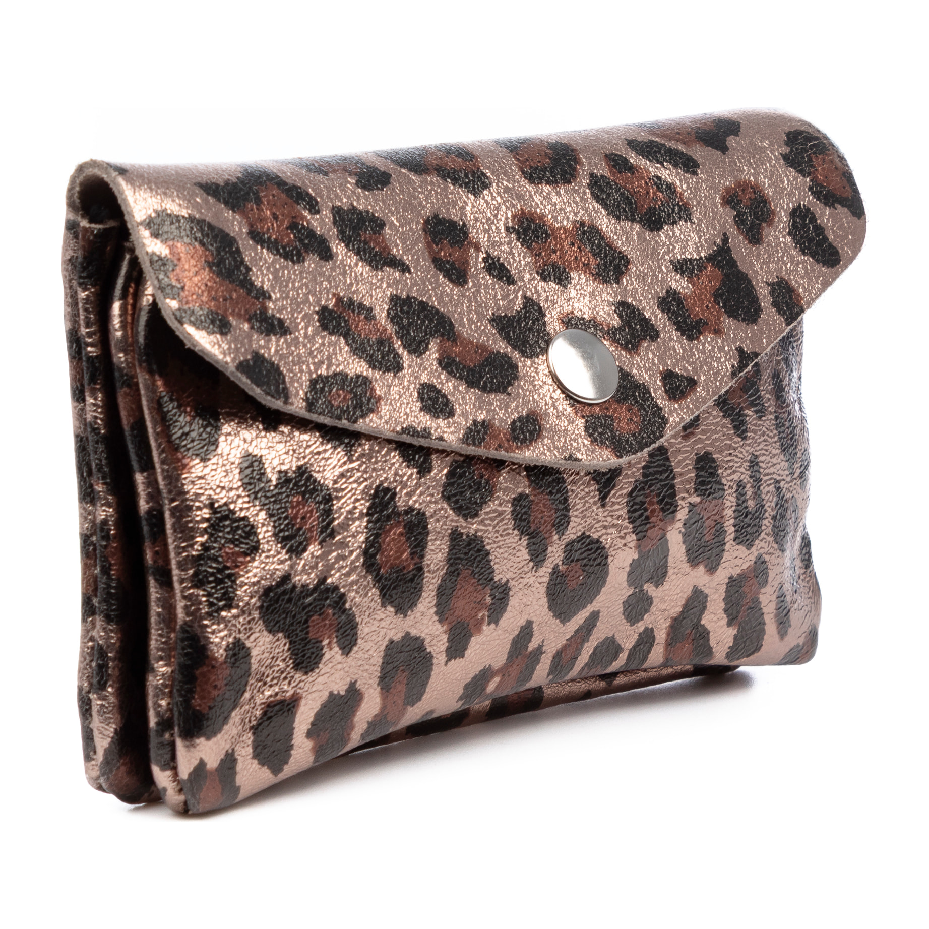 Alseno portafoglio allungato donna. Pelle scamosciata autentica, design animalier a stampa leopardo, laccato lucido.