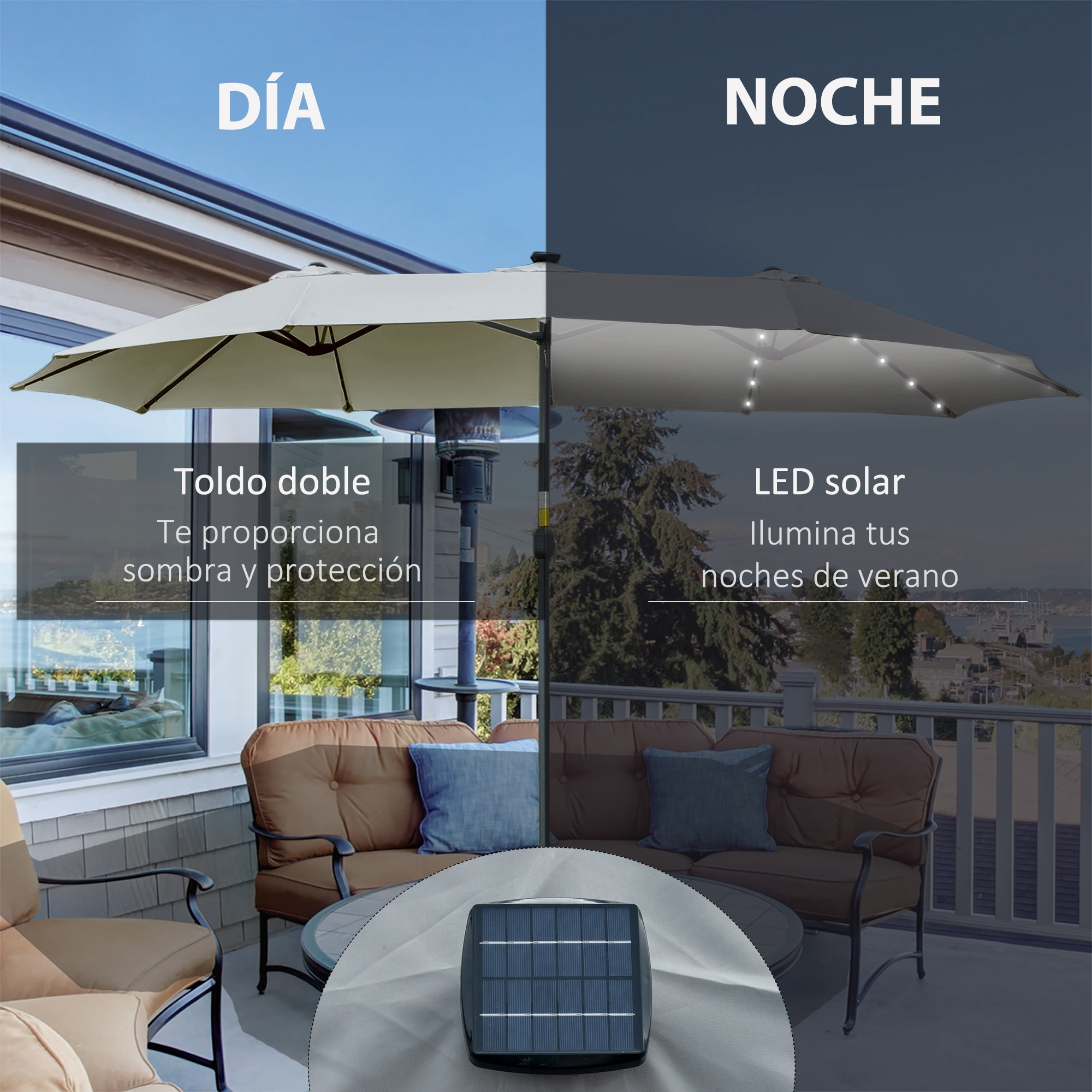 Outsunny Sombrilla Doble de Jardín con 48 Luces LED Solar 450x265x240 cm Parasol para Patio con Manivela Protección Solar para Terraza Balcón Piscina Gris Claro