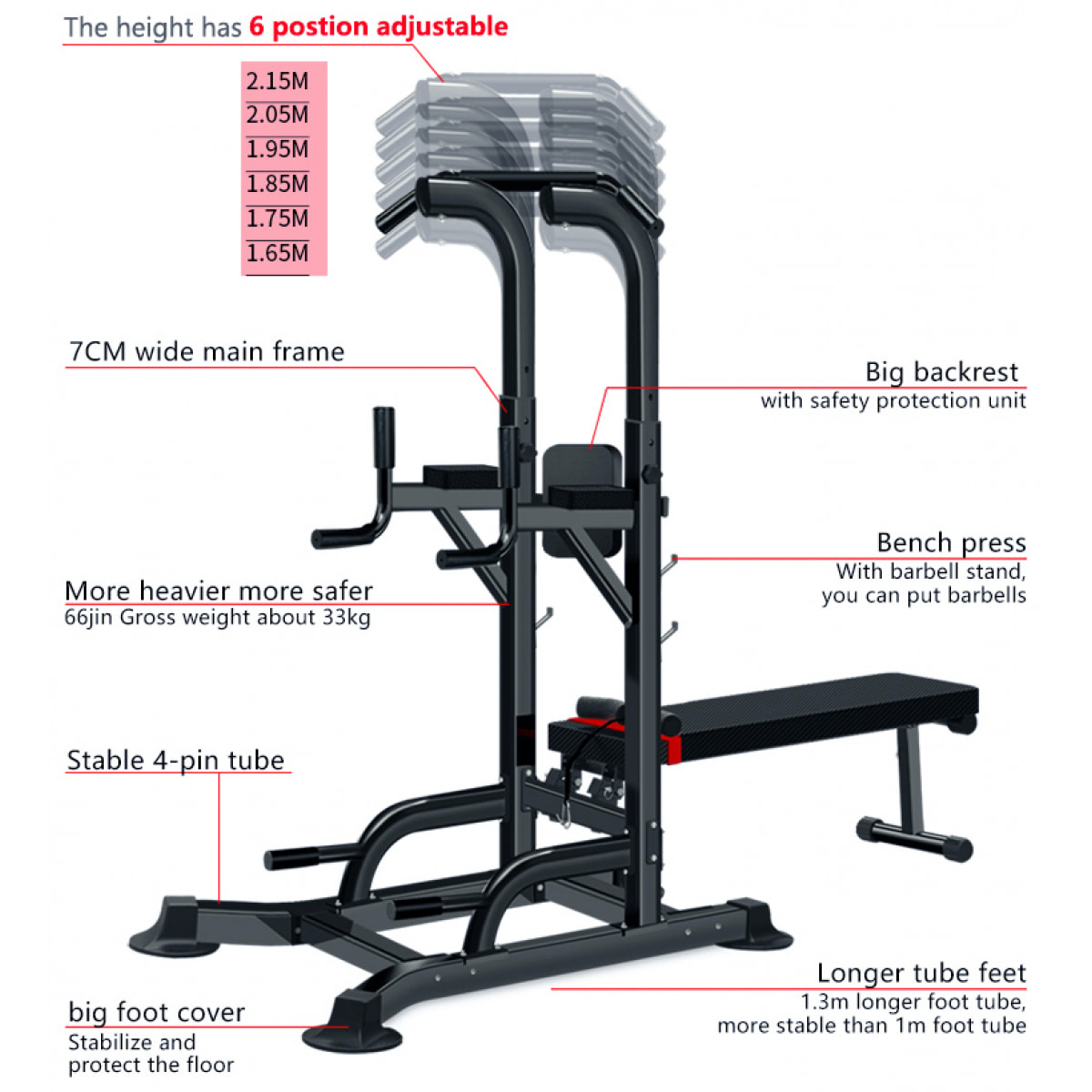 Stazione Fitness Multifunzione Power Tower chin-up dip station dotata di barra regolabile panca per trazioni e addominali