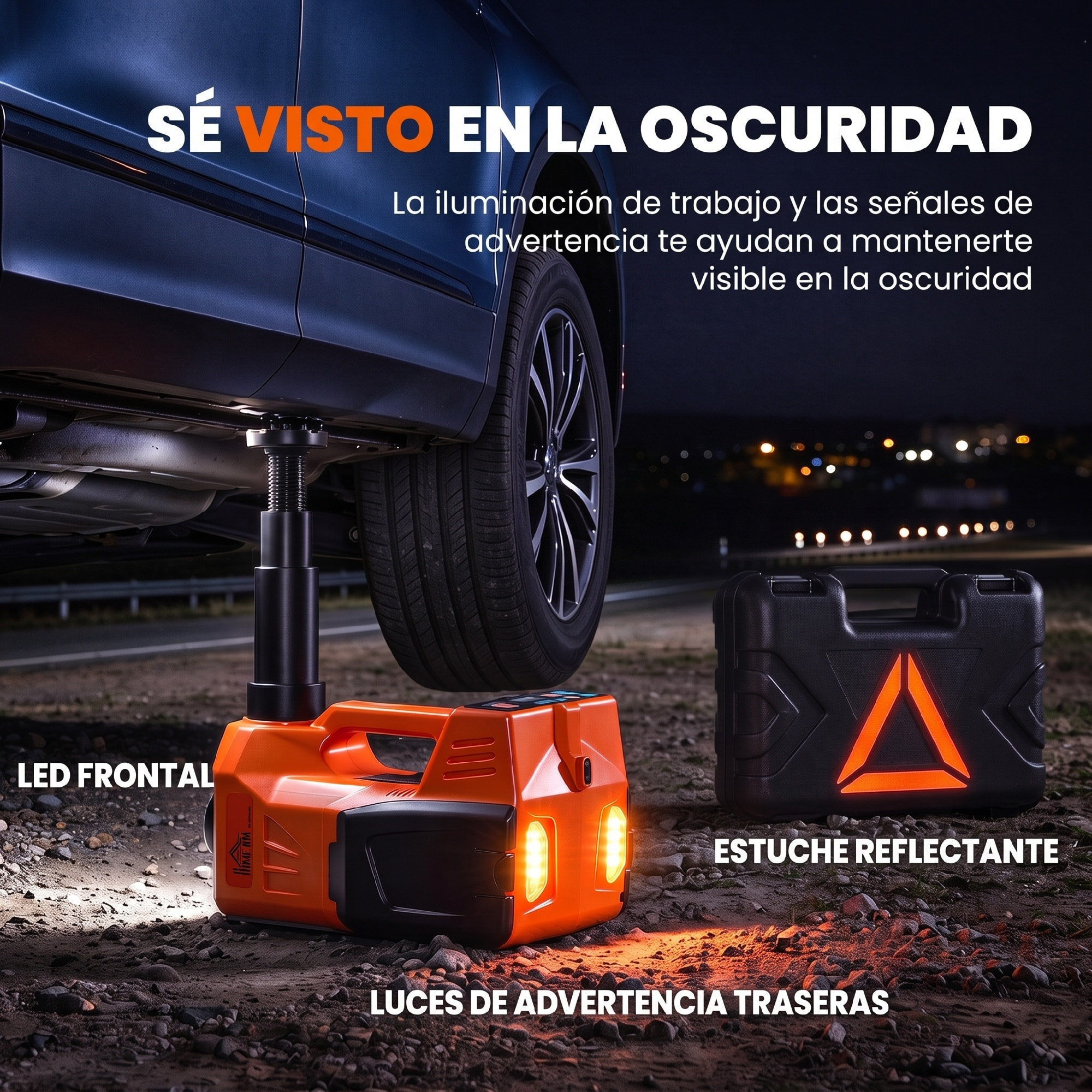 HOMCOM Kit de Gato Hidráulico Eléctrico de 5T 12V, Elevador de Coche Automático 143-450 mm, con Luz LED, Luces Advertencia, Bomba Aire, Llave Hexagonal, Martillo, Maletín Reflectante para SUV y Sedán