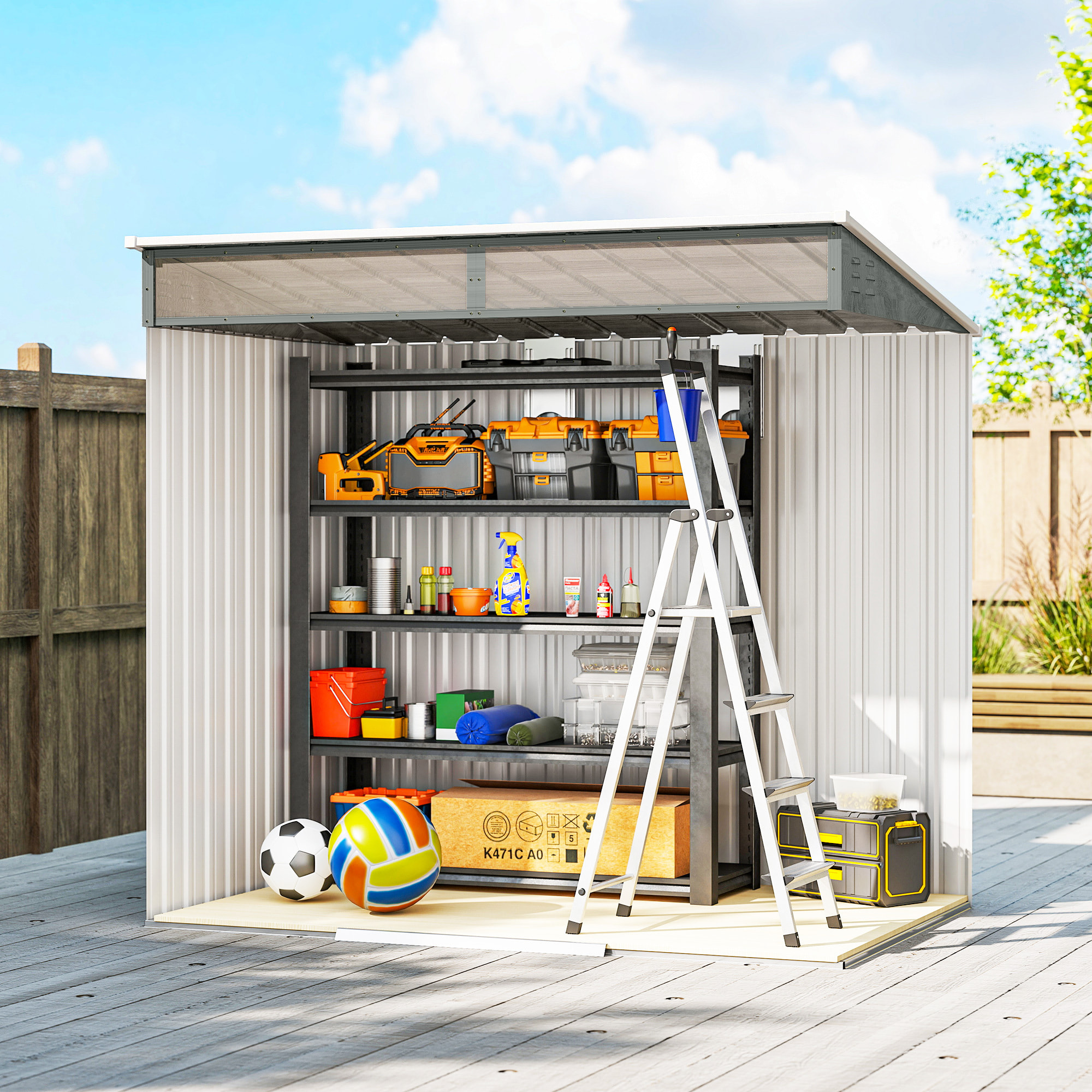 Caseta de Jardín Exterior 2 m² 195x122x181,5 cm Cobertizo de Jardín Exterior Metálica con Base SIN SUELO 2 Puertas Correderas Ventanas y Ganchos para Herramientas Gris Claro