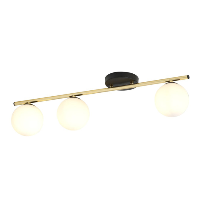 Lampada da soffitto Monza in acciaio nero e oro con sfere in vetro opalino