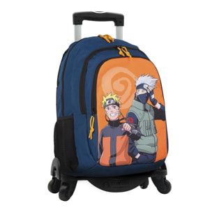 Naruto mochila primaria doble compartimento + carro con protección lateral y stoper frontal, 4 ruedas multidireccionales.