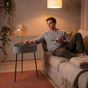 Mesa auxiliar altavoz portátil con sonido de 20W, Bluetooth, Base de carga inalámbrica, batería de 2500mAh. Mesilla o mesita para dormitorio o sala de estar - TD Systems SM20B11PGC [Gris claro]