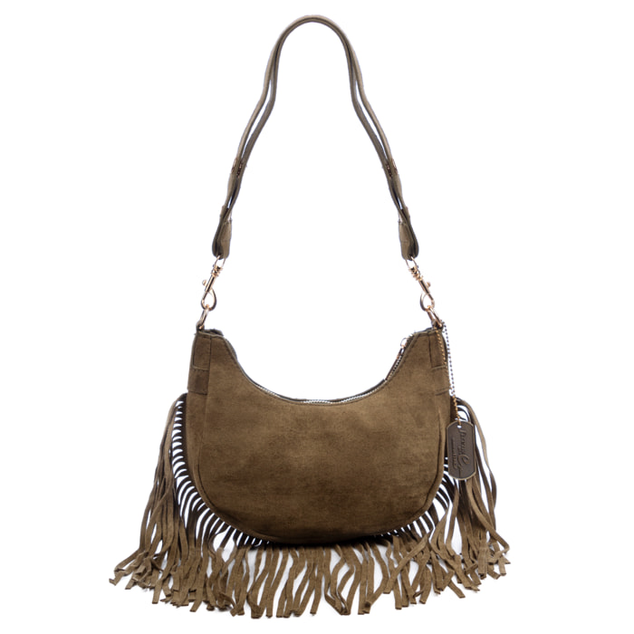 Ateleta bolso bandolera de piel auténtica gamuza, con flecos.