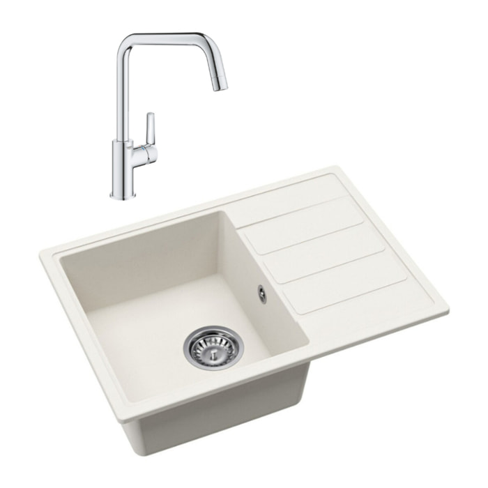 62x44 cm kit évier avec égouttoir réversible en Granite, à encastrer, blanc + mitigeur lavabo/cuisine Grohe Start (SATSE2WG304)