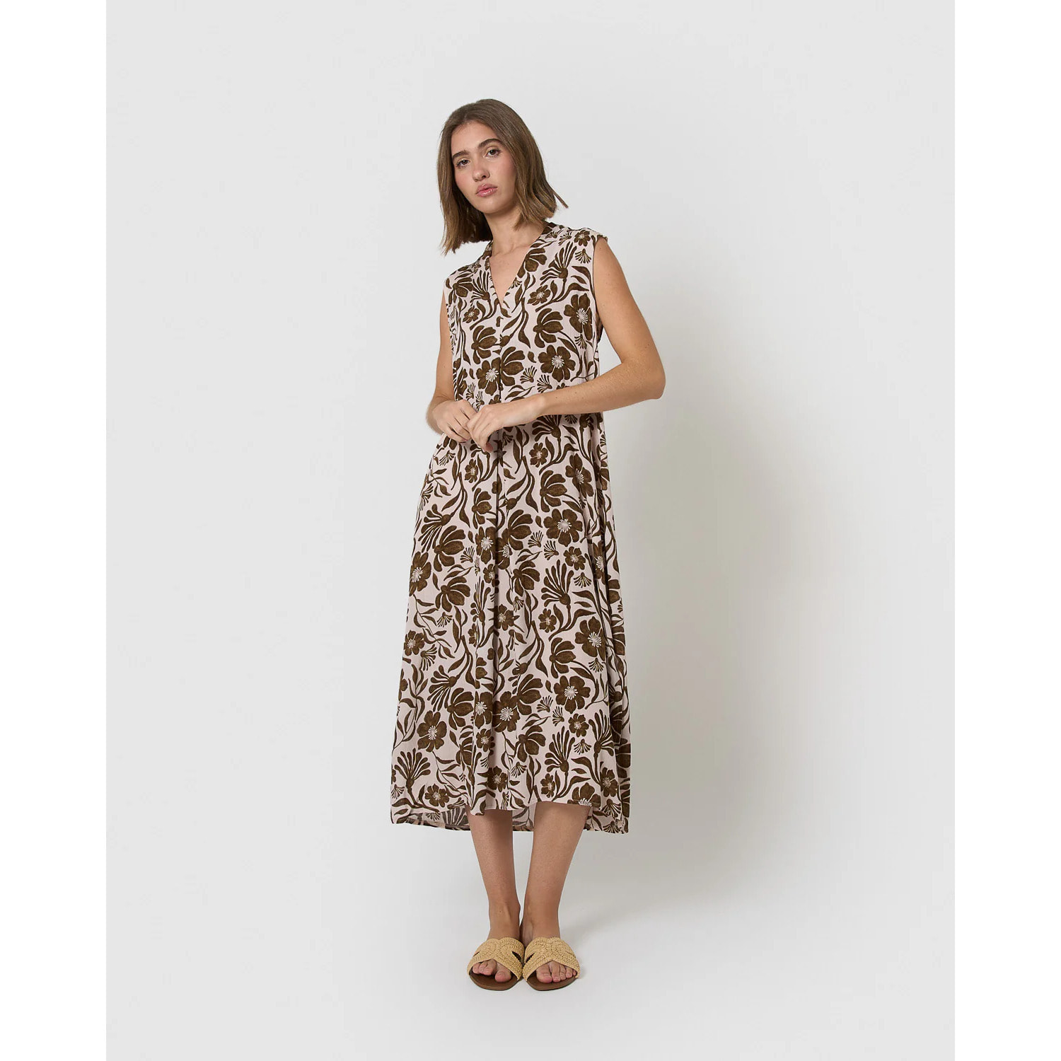 Vestido midi bambula detalles plisados alexis marrón