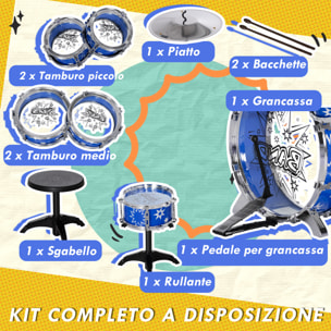 AIYAPLAY Set Batteria per Bambini con Grancassa con Pedale, Tamburi, Piatto e Sgabello, Età 3-6 Anni, Blu