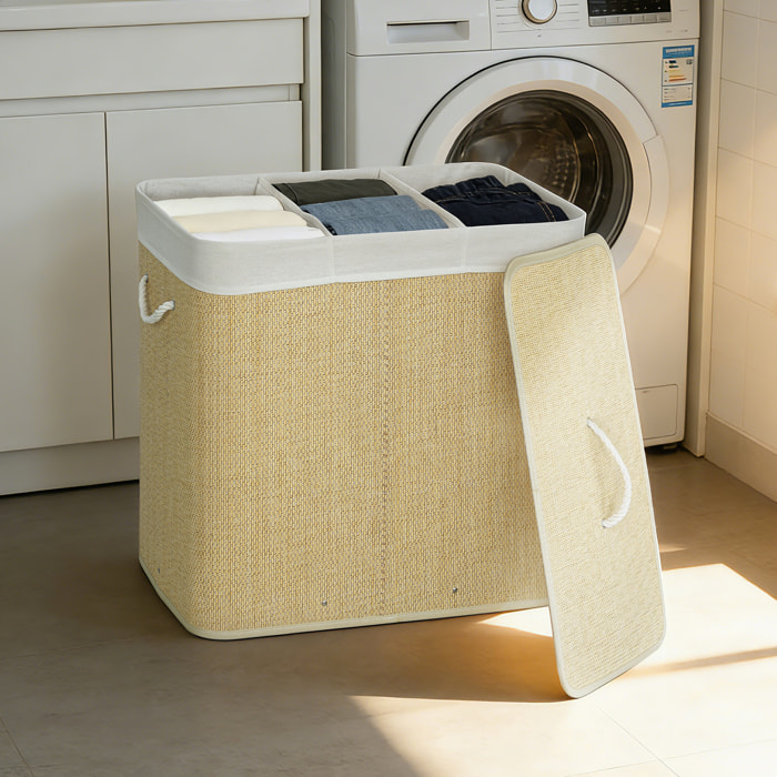 Cesto de Ropa Sucia con Tapa, 144L, Cesta Ropa Sucia de Bambú con 3 Compartimentos, Bolsa Interior Extraíble y Lavable, Asas, para Lavandería, Dormitorio, 60x40x60 cm, Crema