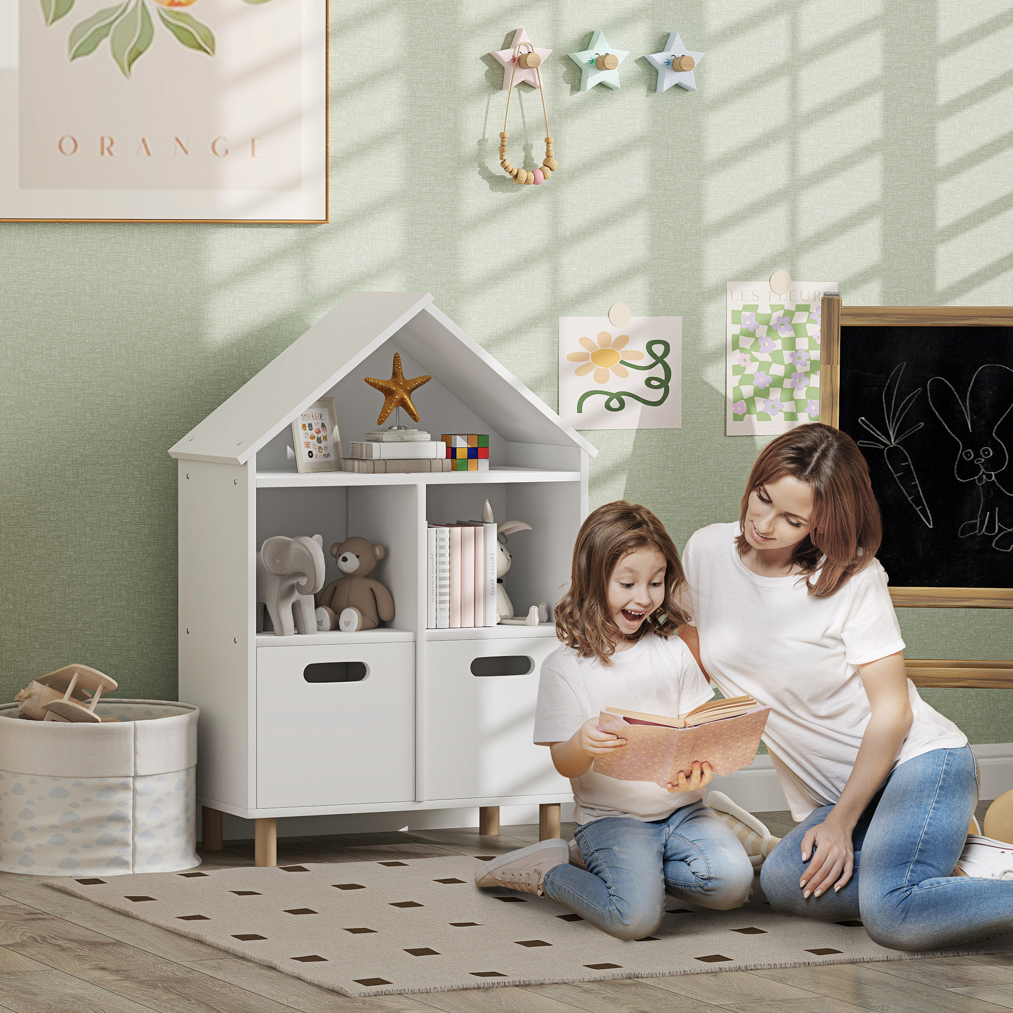 Bibliothèque enfant style nordique maisonnette - 2 tiroirs, 3 niches - MDF effet bois clair blanc