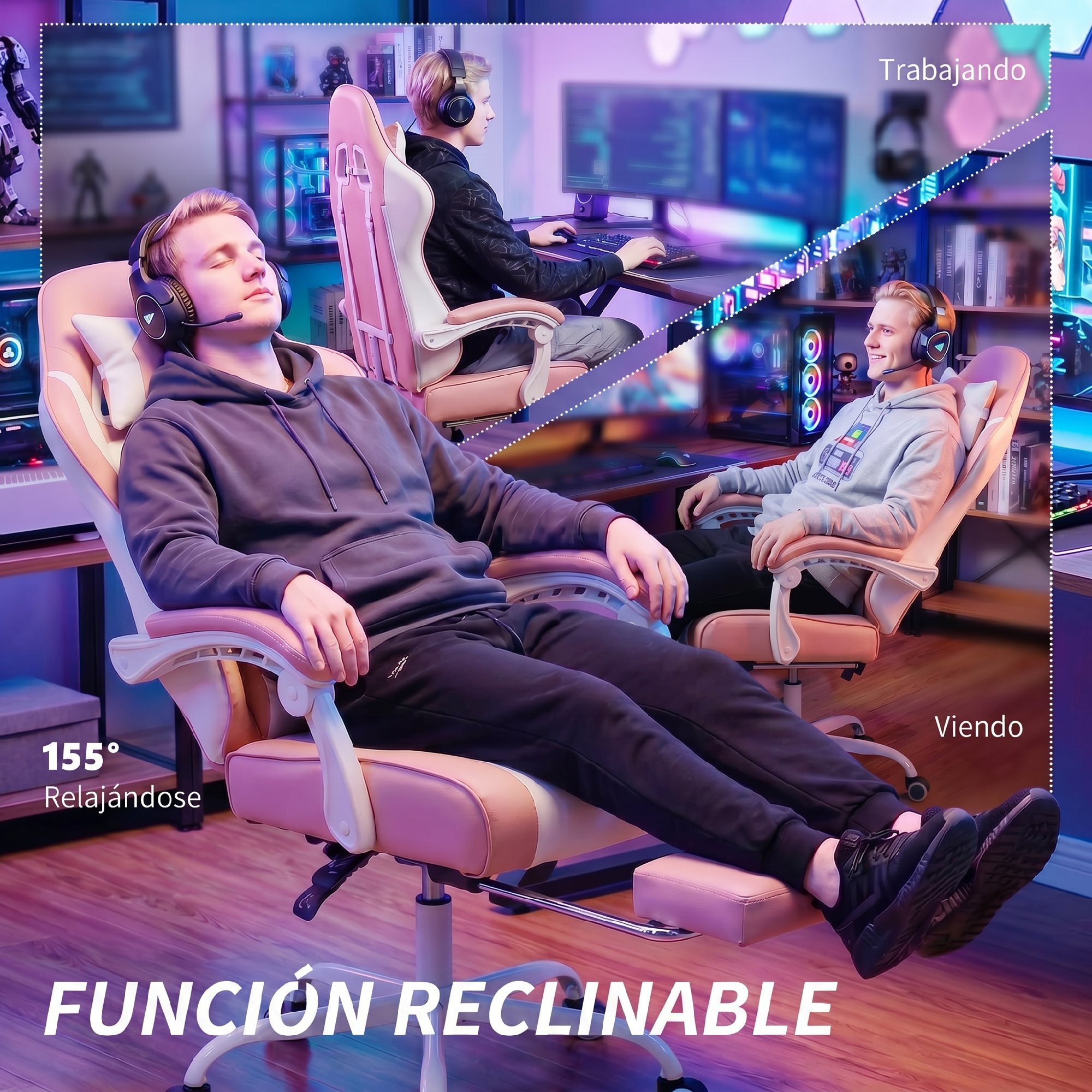 Silla Gaming Ergonómica, Silla Gamer con Lumbar Masaje Vibración, Reclinable 155°, Altura Ajustable, Reposacabezas y Reposapiés Retráctil, para Oficina, Estudio, Rosa