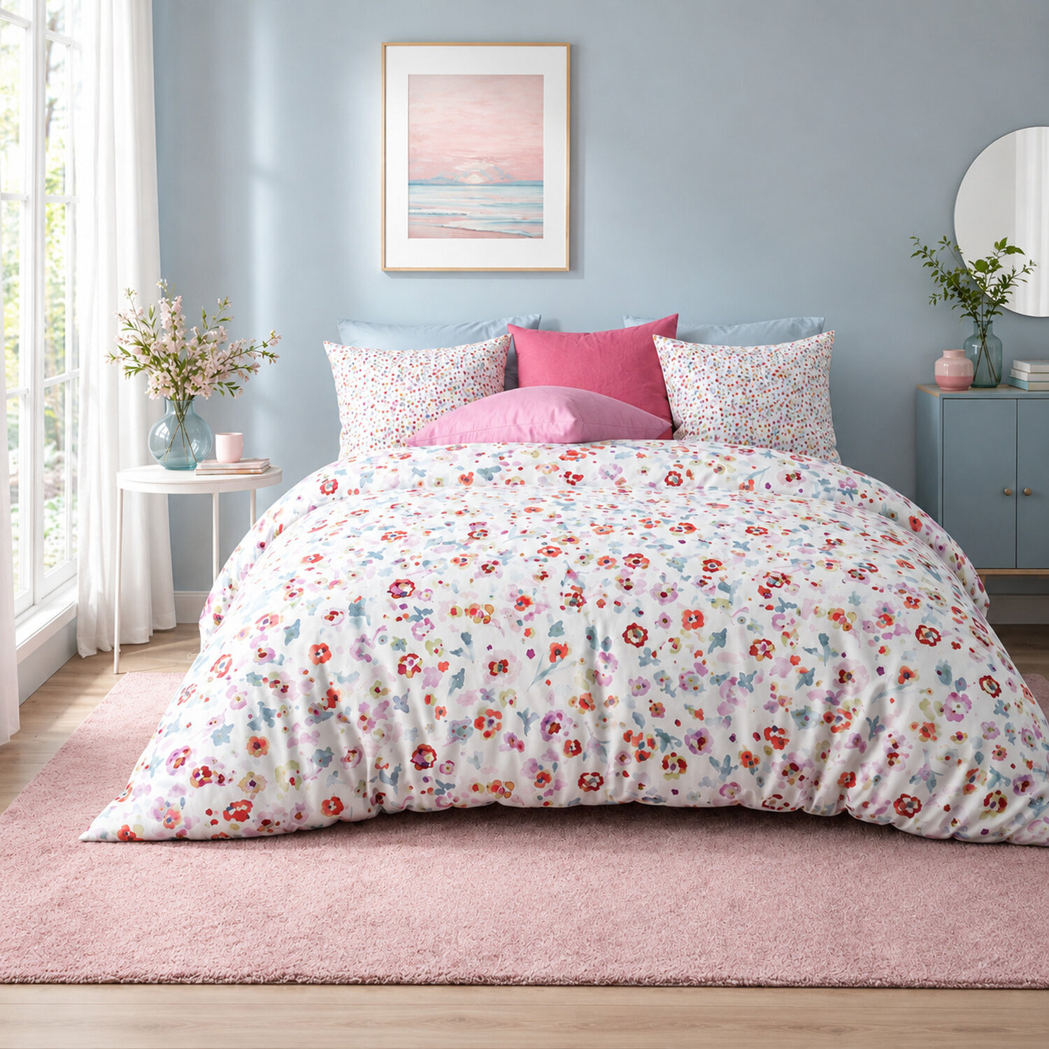 Parure de couette 3pcs 100% microfibre motif floral - blanc