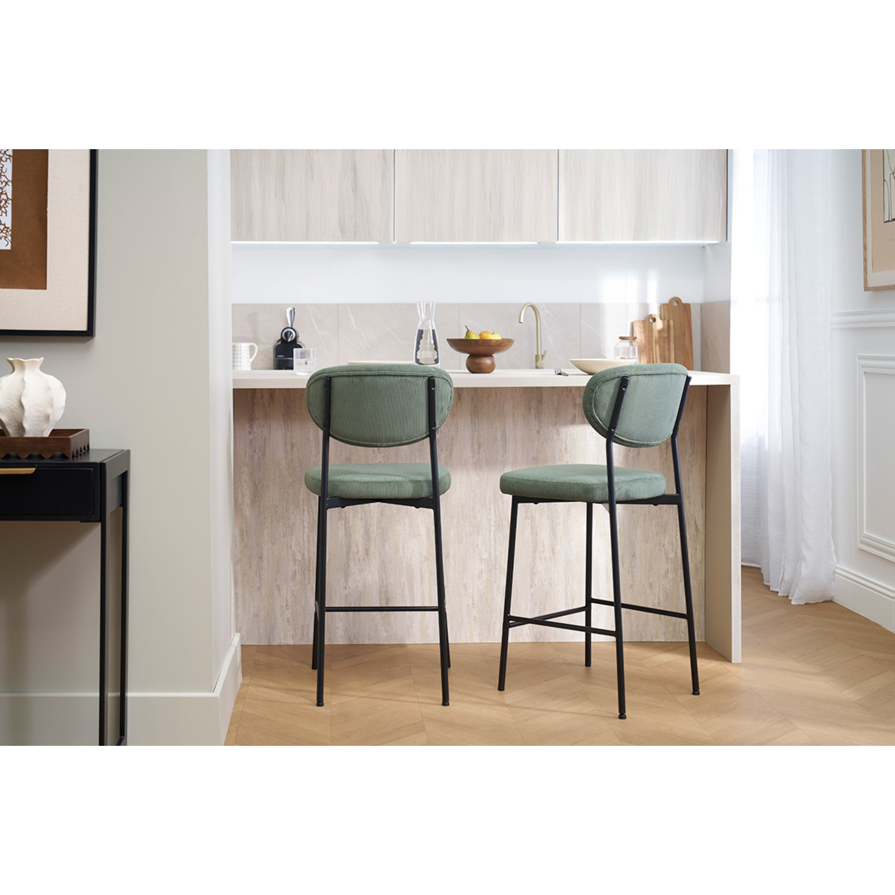 Tabourets de bar fixes en tissu velours côtelé jaune curry H65 cm (lot de 2) BREKA