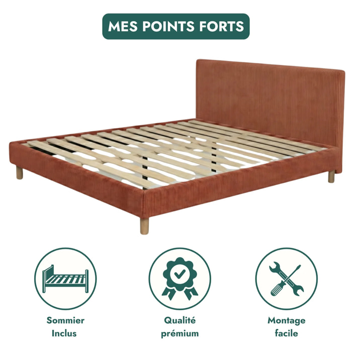 Lit Colisée avec tête de lit| Robuste et confortable | Montage simple rapide | Velours Côtelé | Terracotta