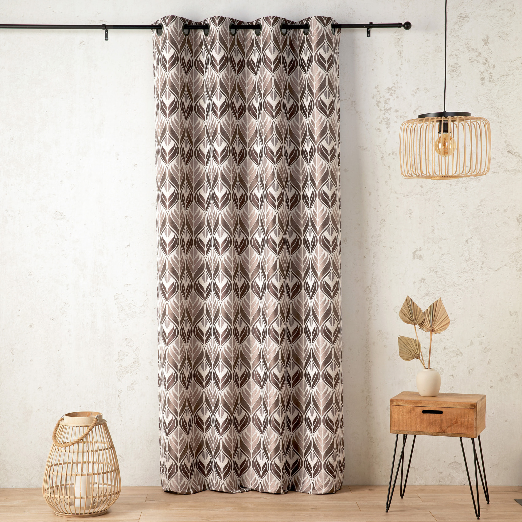 Rideau motif art déco  - Effet velours à oeillets - Taupe