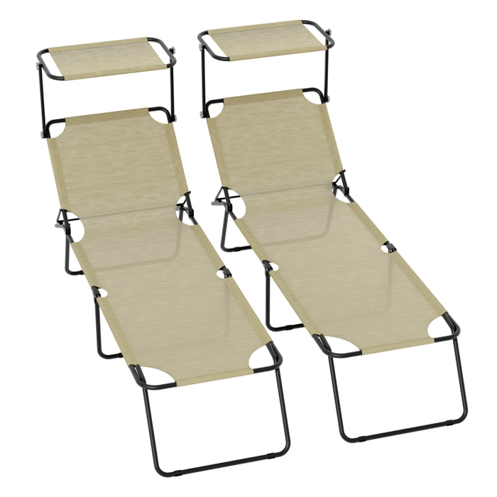 Lettini Pieghevoli Tettuccio Regolabile Schienale Reclinabile Struttura Metallo Nero Sdraio Prendisole Spiaggia Mare Giardino Piscina Beige