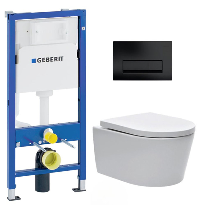 Pack WC sans bride SAT, fixations invisibles + Abattant softclose + Bâti support Geberit UP100 + Plaque Noir mat