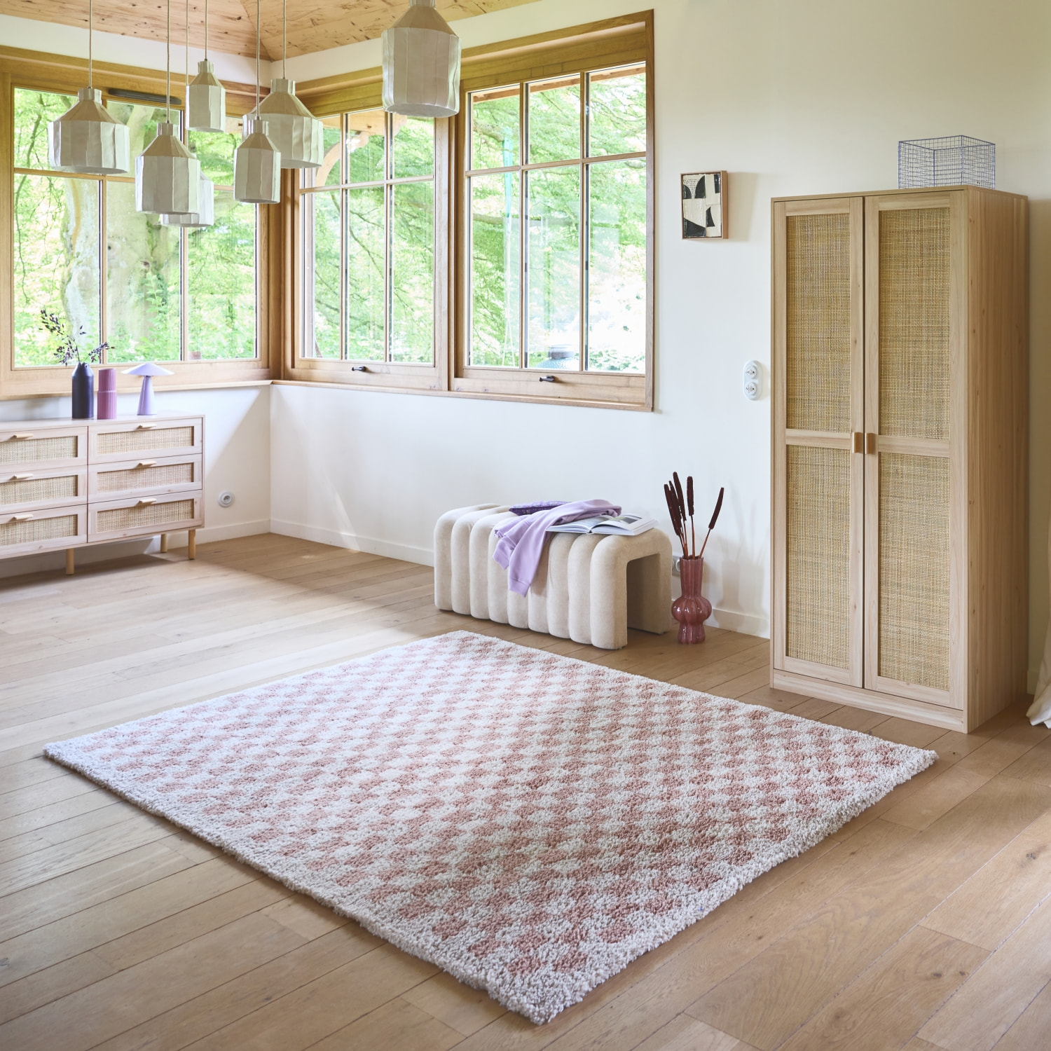 Tapis intérieur shaggy damier vieux rose et crème TAYLOR