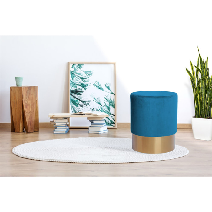 Pouf contenitore Nano in velluto blu e base oro