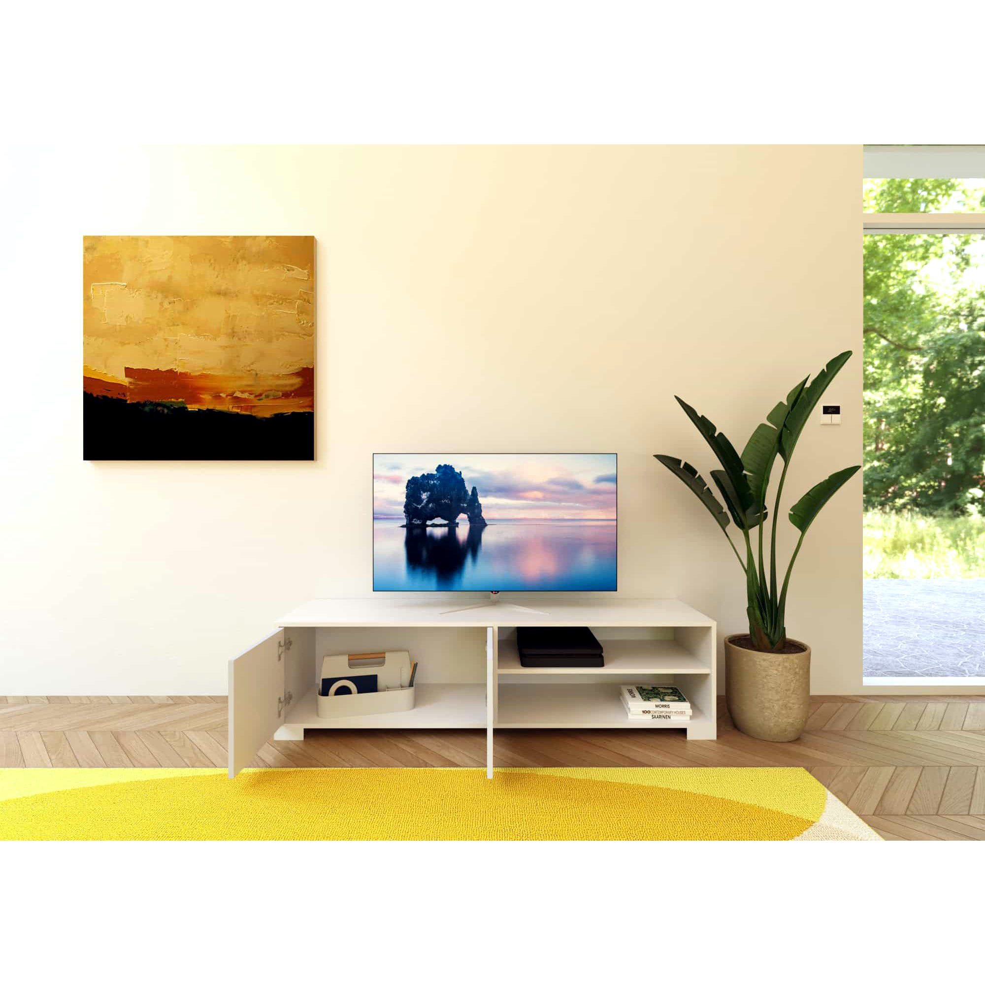 Meuble de TV 2 puertas y compartimento abierto 150x40x40 cm Lumina blanco brillante