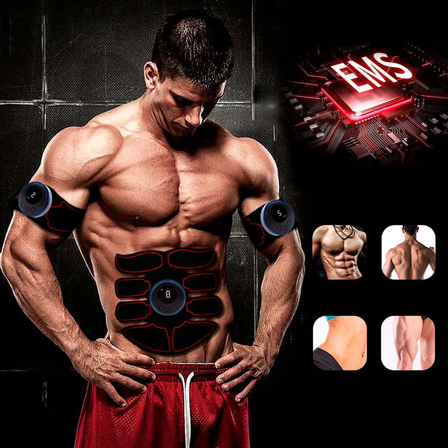 Estimulador electrónico y masaje EMS con mando a distancia. Para abdominales, brazos y piernas. Batería recargable.