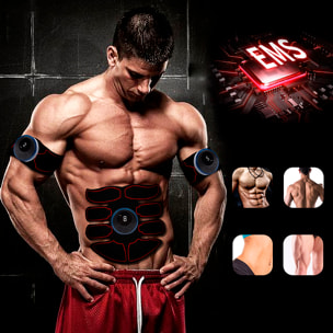 Estimulador electrónico y masaje EMS con mando a distancia. Para abdominales, brazos y piernas. Batería recargable.
