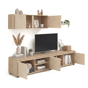 Salón con mueble de TV y estantería en roble canadian y efecto microcemento beige 200 cm Arlet Roble Canadian - Microcemento Beige
