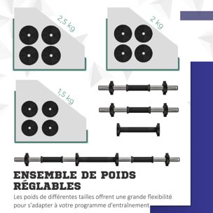 Haltères 2 en 1 réglables - haltères libres 25 Kg - barres incluses - entraînement musculaire & haltérophilie - noir vert