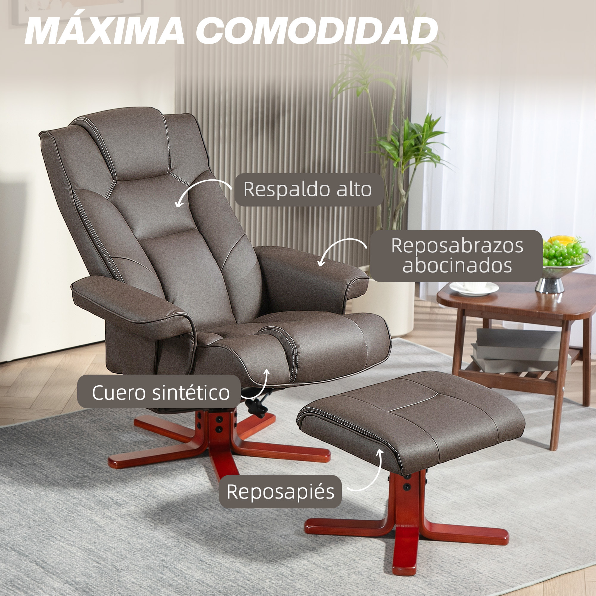 Sillón Reclinable con Reposapiés Sillón de Salón con Tapizado en PU y Estructura de Madera Carga 150 kg Butaca para Dormitorio Sala de Estar Marrón