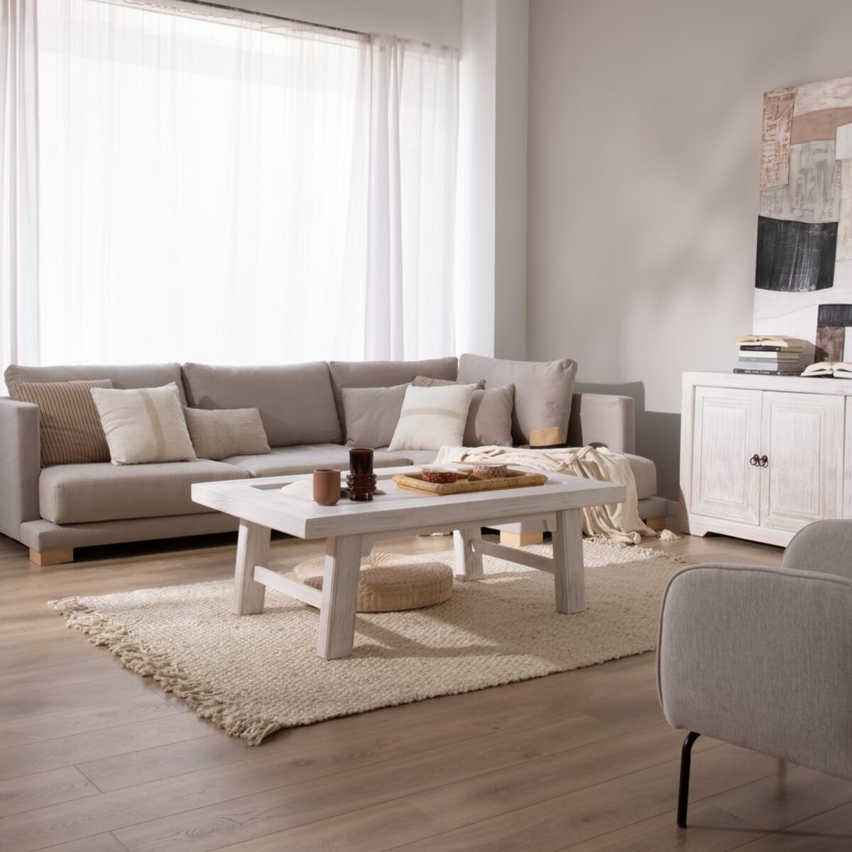 Table basse Oblak -bois massif d'araucaria-couleur blanc shabby 130 x 45 x 80 cm