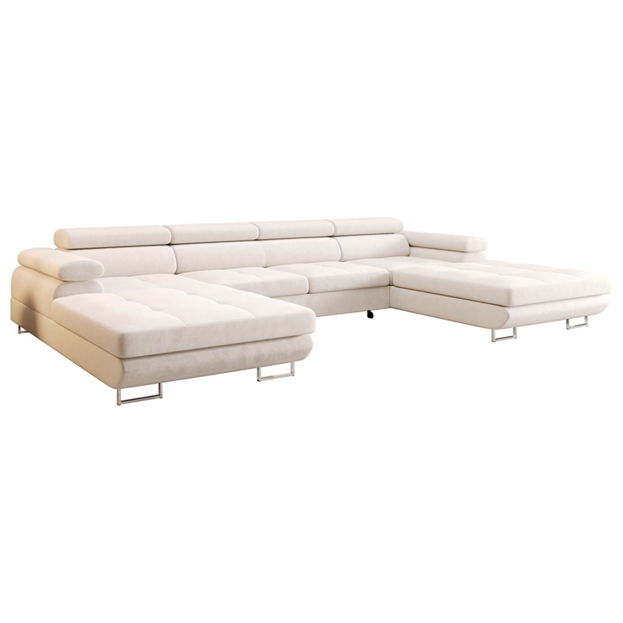 Ayden - Canapé panoramique en U 7 places convertible avec coffre et têtières réglables en tissu - Beige