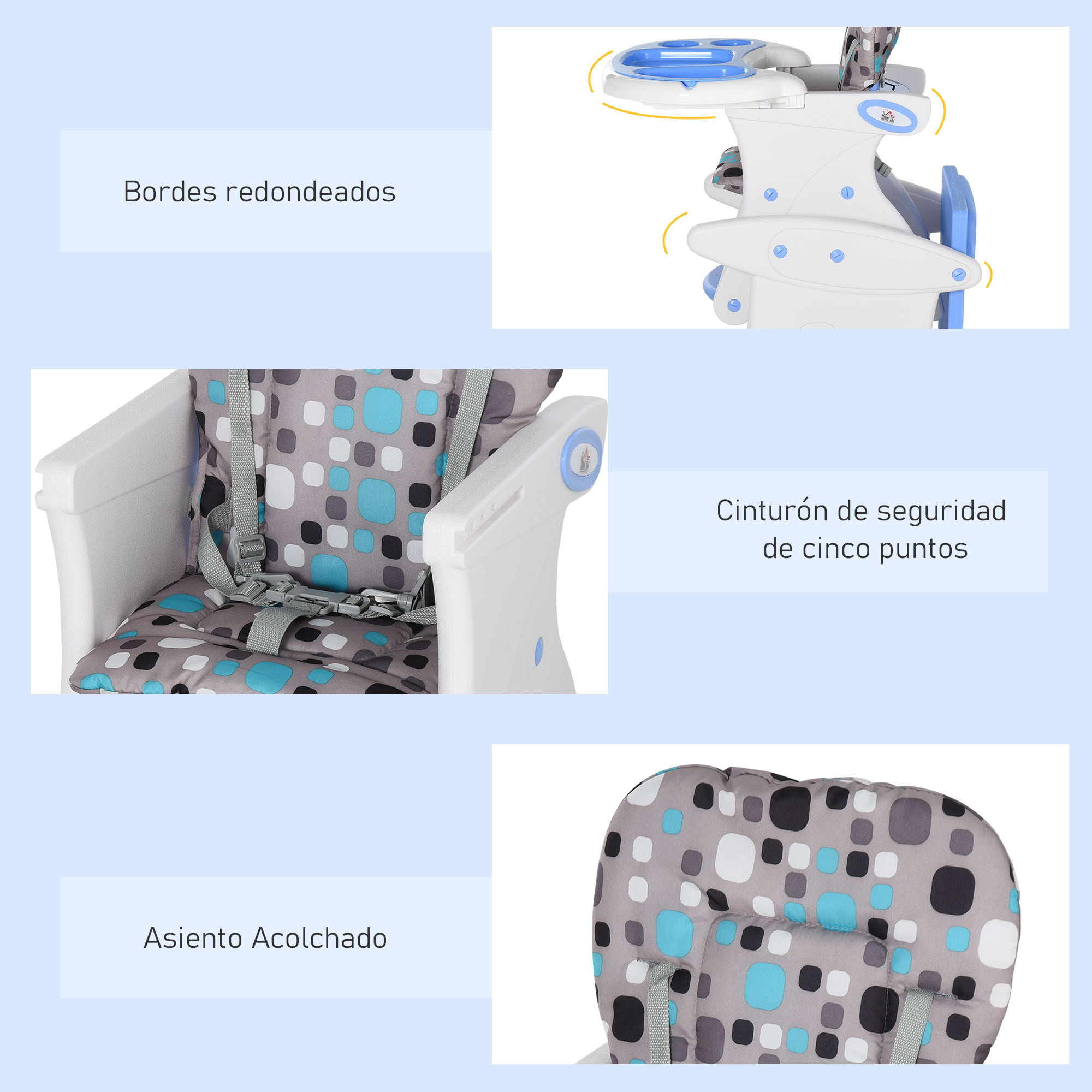 Trona para Bebés 3 Posiciones Ajustables Acolchado Azul