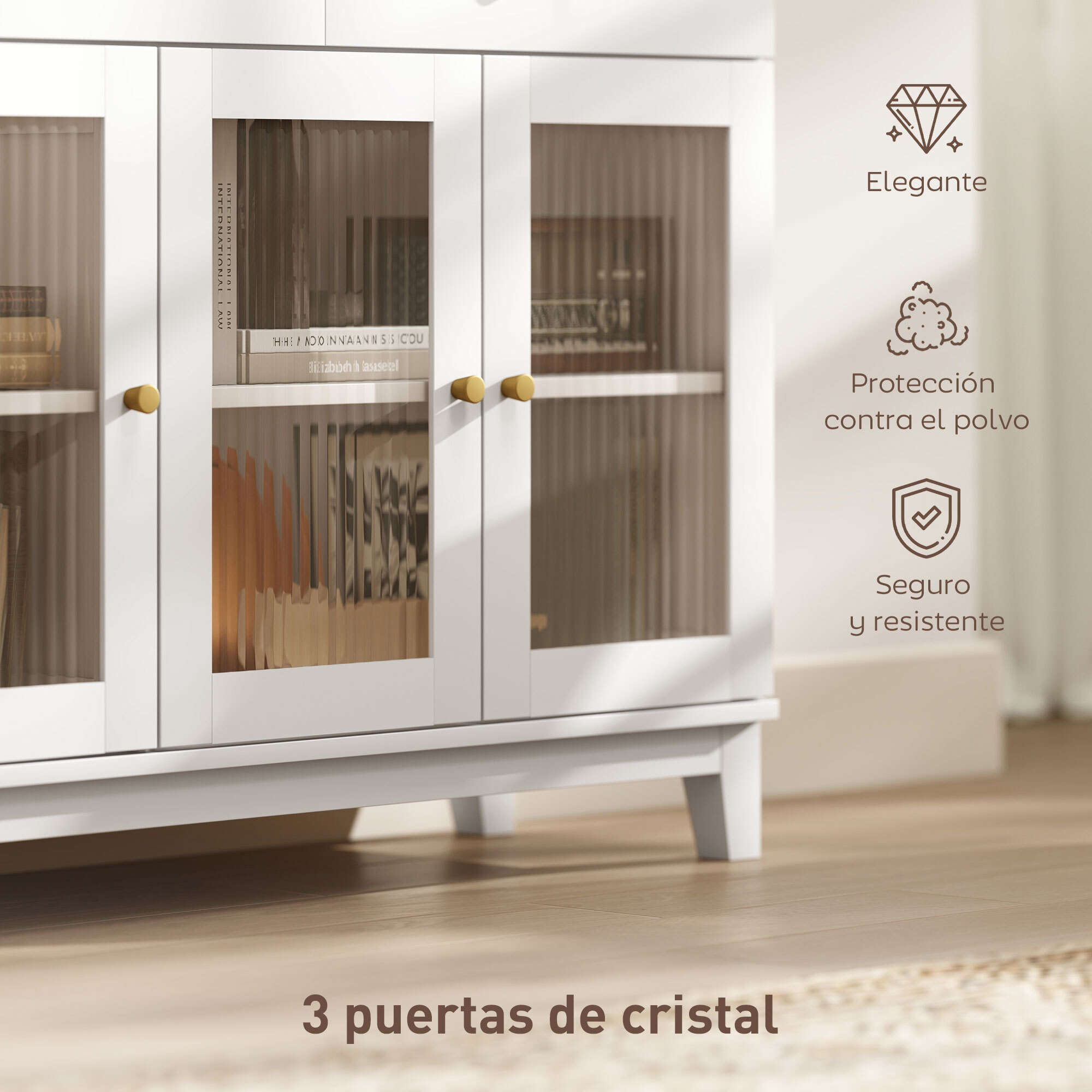 Aparador 3 Puertas de Vidrio Aparador para Salón Moderno con 2 Cajones y Estantes Ajustables para Comedor Entrada Blanco 100x35x80,3 cm