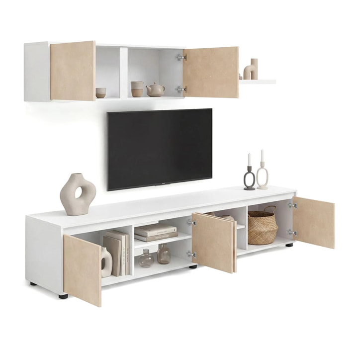 Salón con mueble de TV y estantería en blanco artik y efecto microcemento beige 200 cm Arlet Blanco Artik (Blanco Mate) - Microcemento Beige