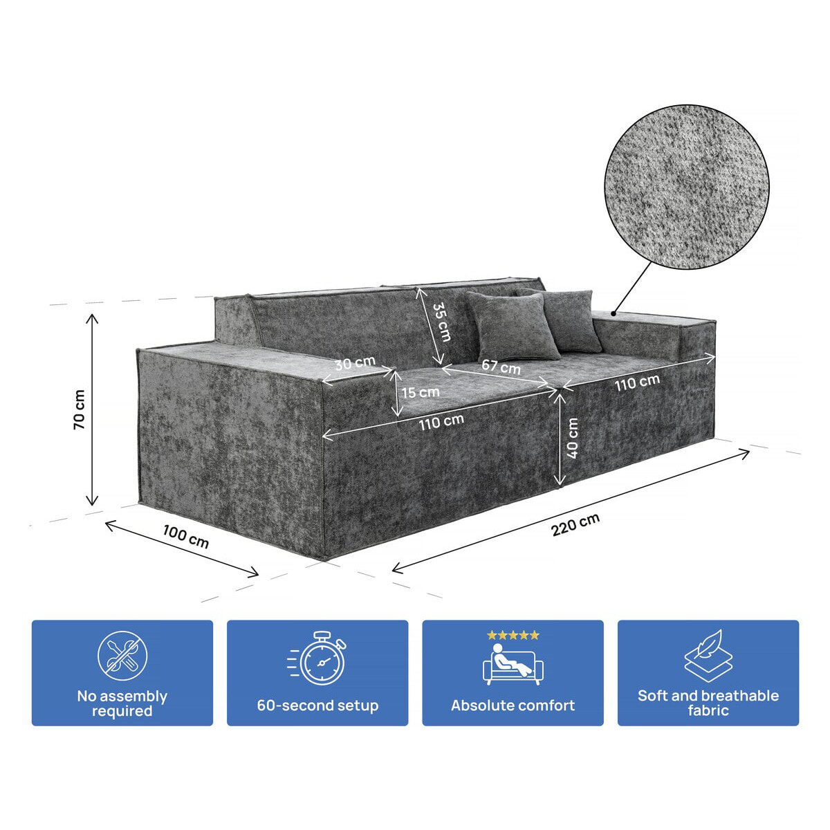 Canapé droit modulable en tissu texturé "Lusso" - 3 places - Gris