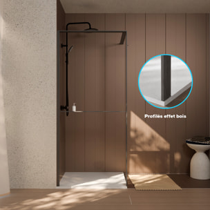 Paroi de douche 100x200cm - Cadre et étagère finition chêne foncé - Verre 8mm anticalcaire - ETHAN