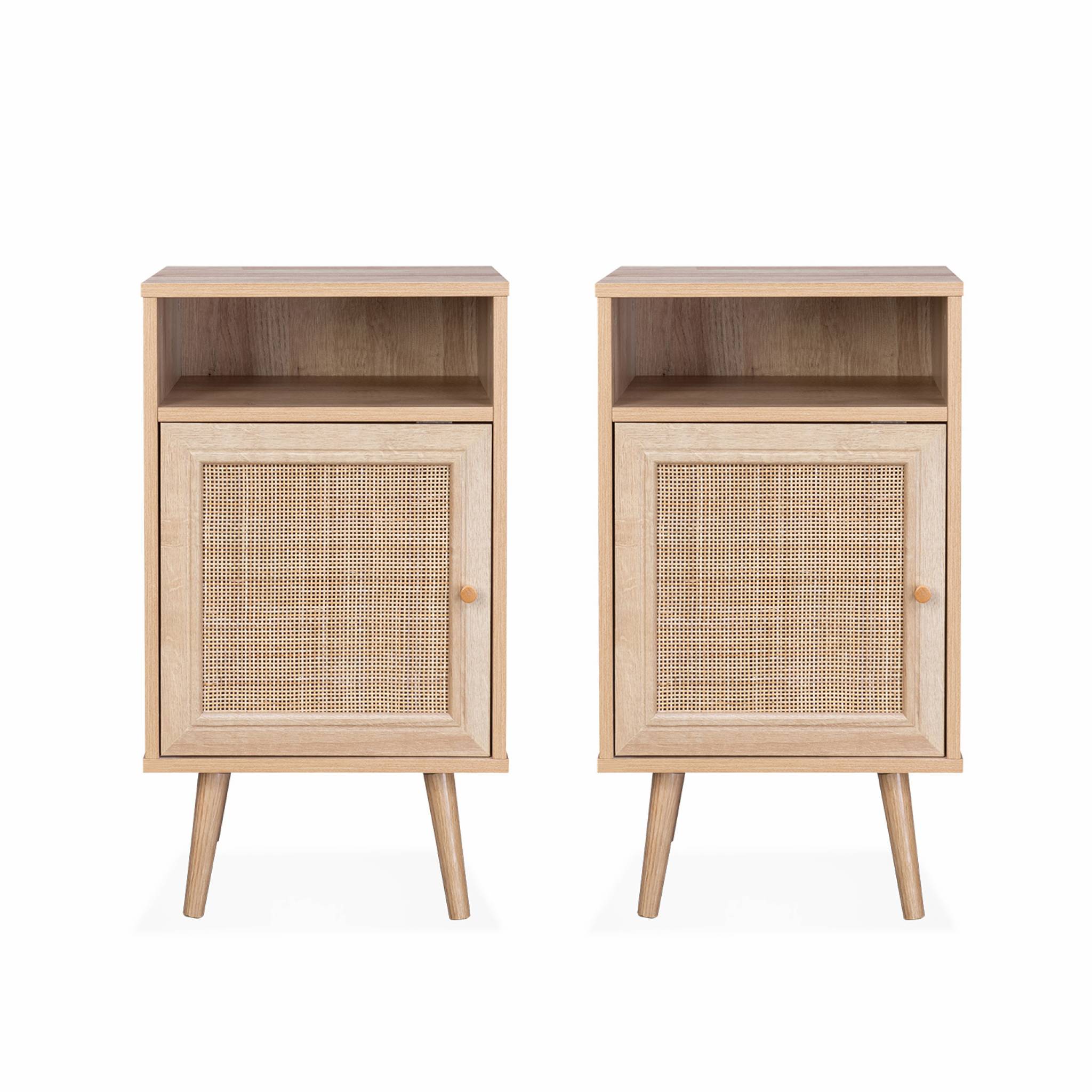 Lot de 2 tables de chevet en cannage - Bohème - 40x39x70cm Naturel - 2 niveaux - 1 portes - 1 espace de rangement - pieds scandinaves