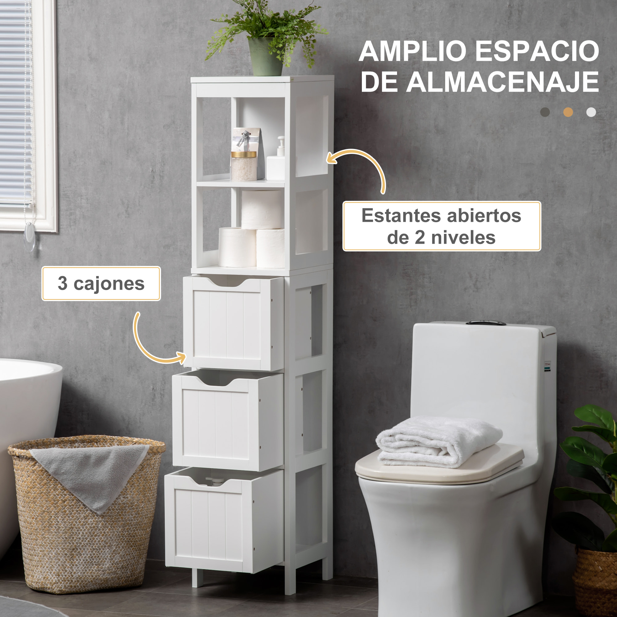 Armario Alto de Baño Estrecho con 3 Cajones y 2 Estantes Abiertos Columna de Baño Estilo Moderno para Salón Aseo Cocina 30x30x141,6 cm Blanco