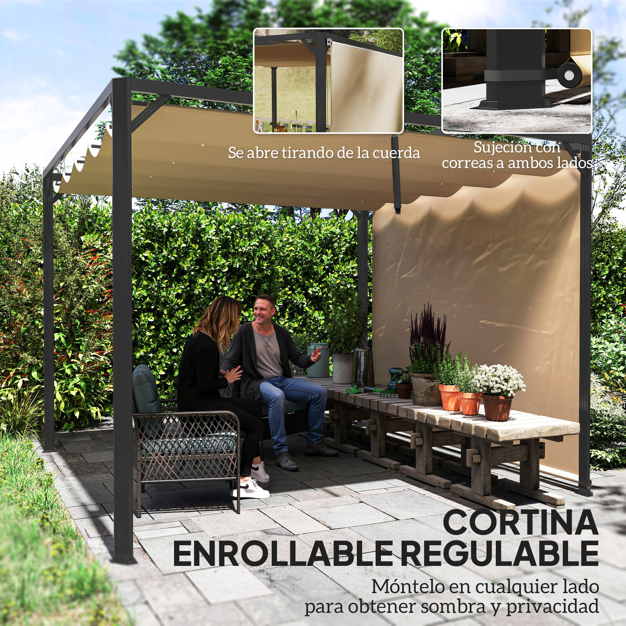 Pérgola de Aluminio con Techo Retráctil Pérgola 3x3 m Cenador con Cortina Enrollable Protección UV30+ Pabellón para Jardín Patio Terraza Exterior Caqui