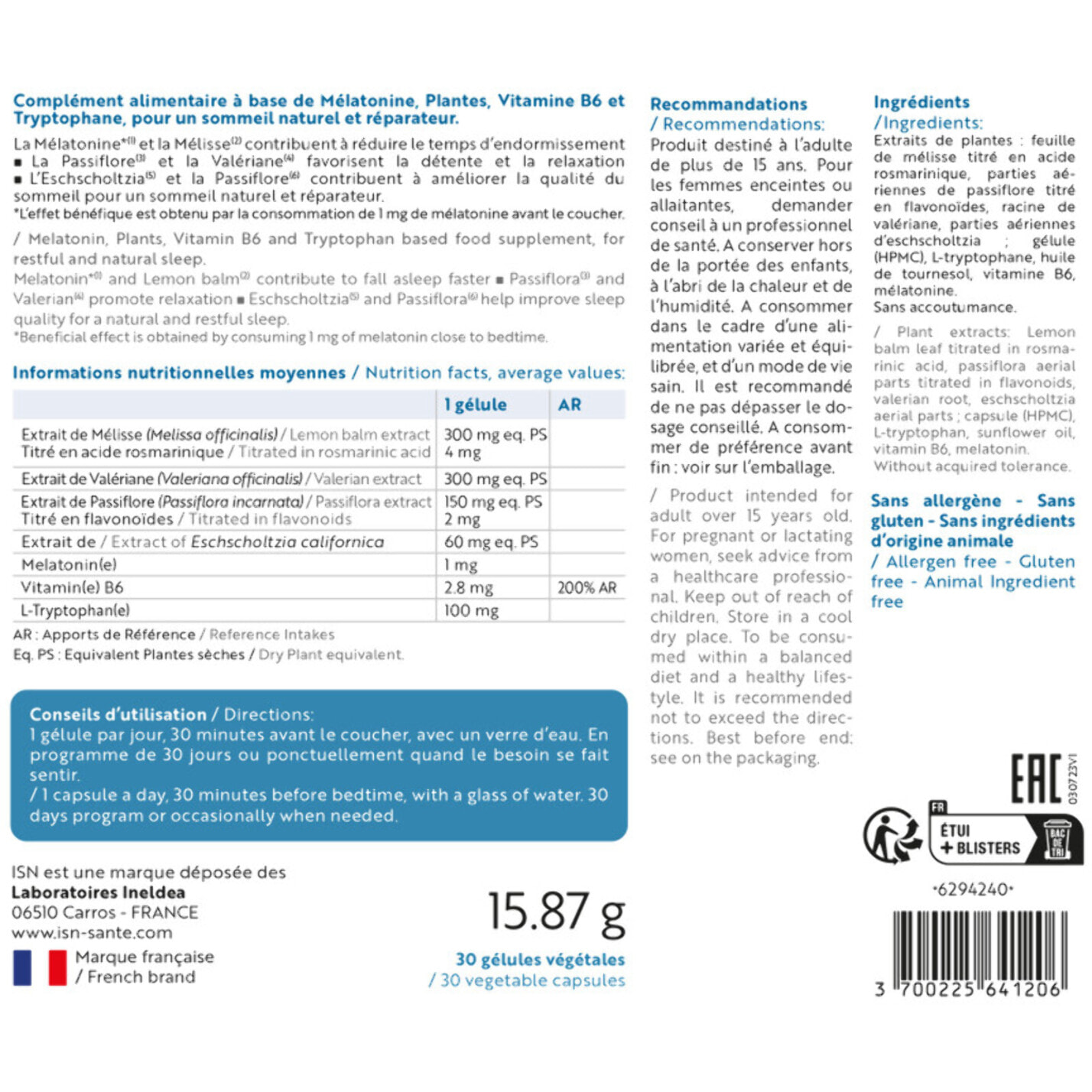 ISN - Somnil - Complément alimentaire - Mélatonine, plantes, vit.B6, Tryptophane - Facilite l'endormissement- Améliore le sommeil - Sans dépendance ni accoutumance - Lot de 2 produits