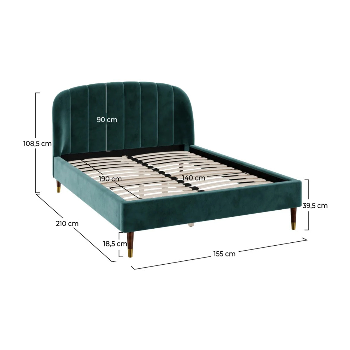 Lit double 140x190 cm en velours vert et pieds doré - Gala