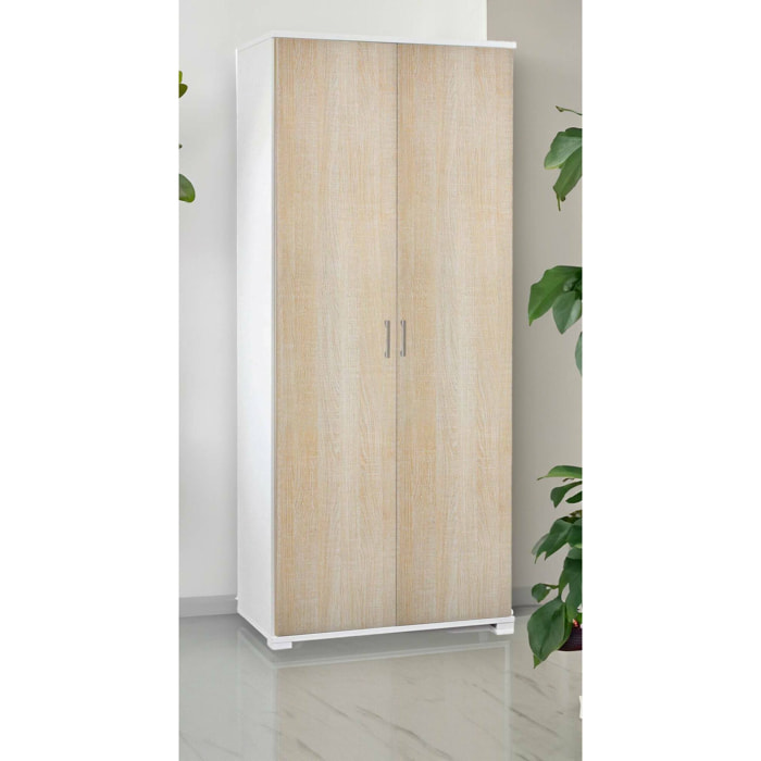 Armadio multiuso Alisso, Mobile lineare a 2 Ante battenti, Guardaroba a 4 ripiani regolabili, Scarpiera moderna, 100% Made in Italy, Cm 90x45h195, Rovere e Bianco