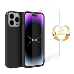 Coque iPhone 14 Pro Silicone liquide Noire + 2 Vitres en Verre trempé Protection écran Antichocs