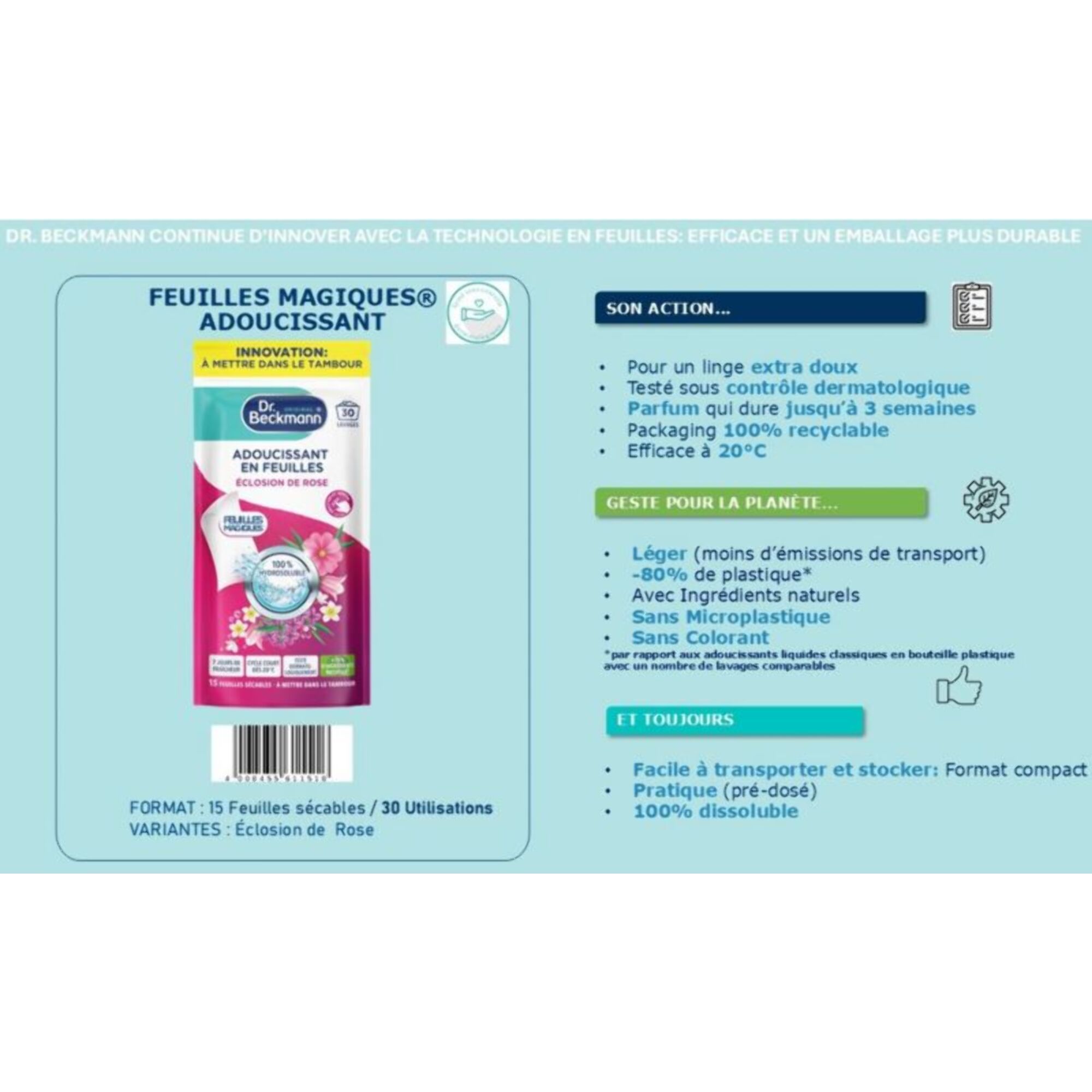 Adoucissant DR BECKMANN Feuilles Magiques - Adoucissant en Feuilles - Éclosion de Rose x30 lavages