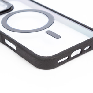 Carcasa transparente con cubierta de cámara abatible que funciona como soporte, bordes negros. MagSafe para iPhone 17.