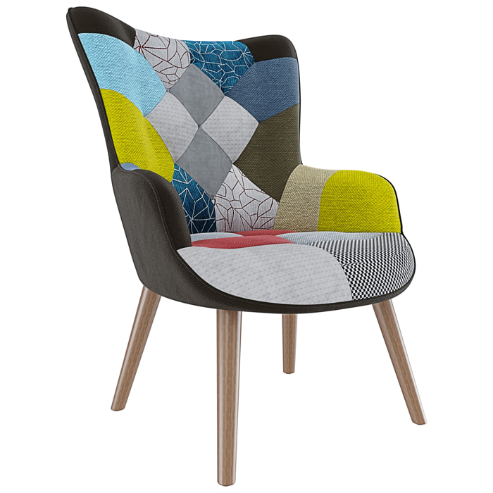 Poltrona Patchwork Memory Foam con Braccioli Imbottita Schienale Alto Piedi in Legno Design Ufficio Studio Salotto Soggiorno 76x68x98 cm Multicolore