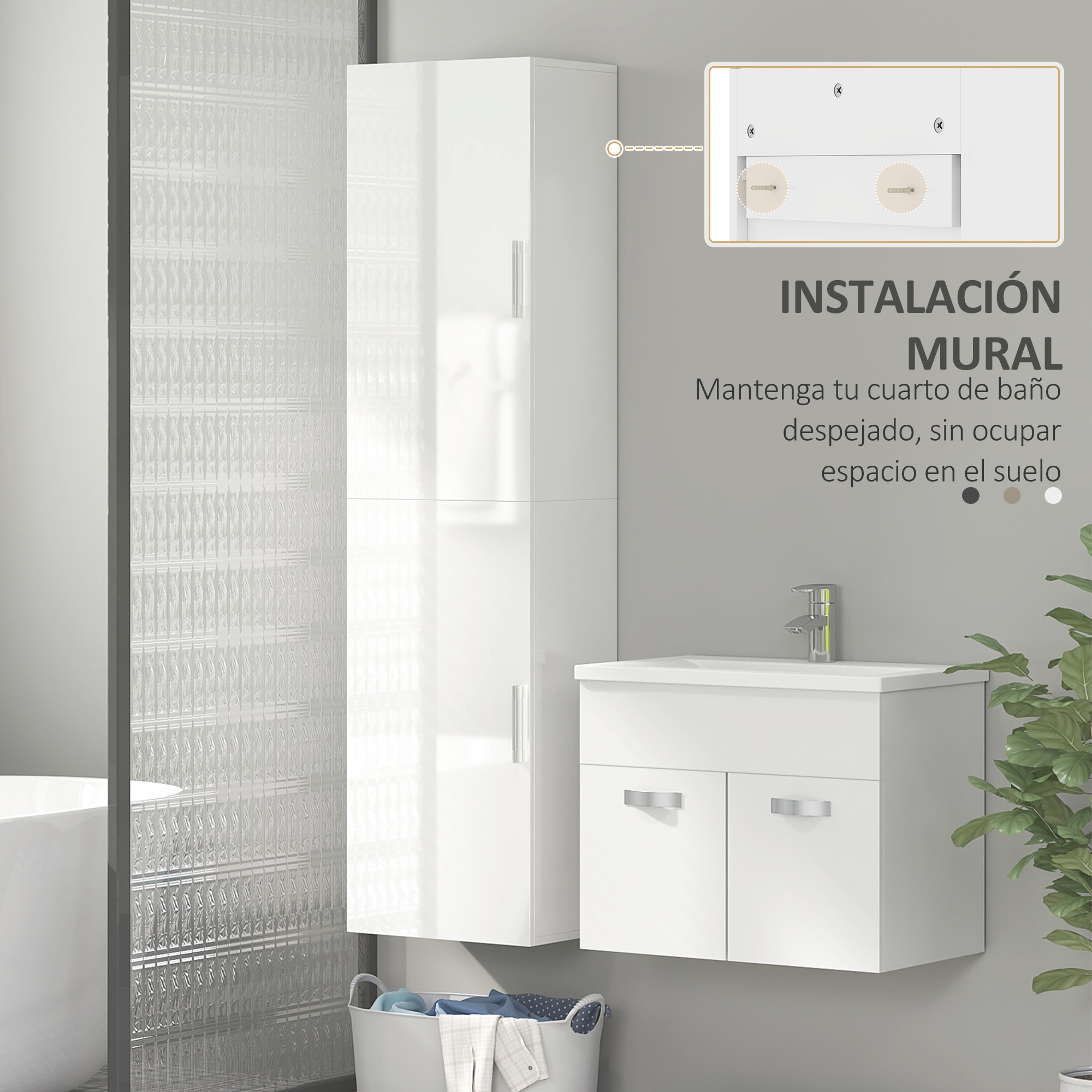 Columna de Baño de Pared Armario de Baño Estrecho con Estantes Ajustables y 2 Puertas Mueble de Baño Moderno para Espacio Pequeño 40x30x160 cm Blanco Brillo