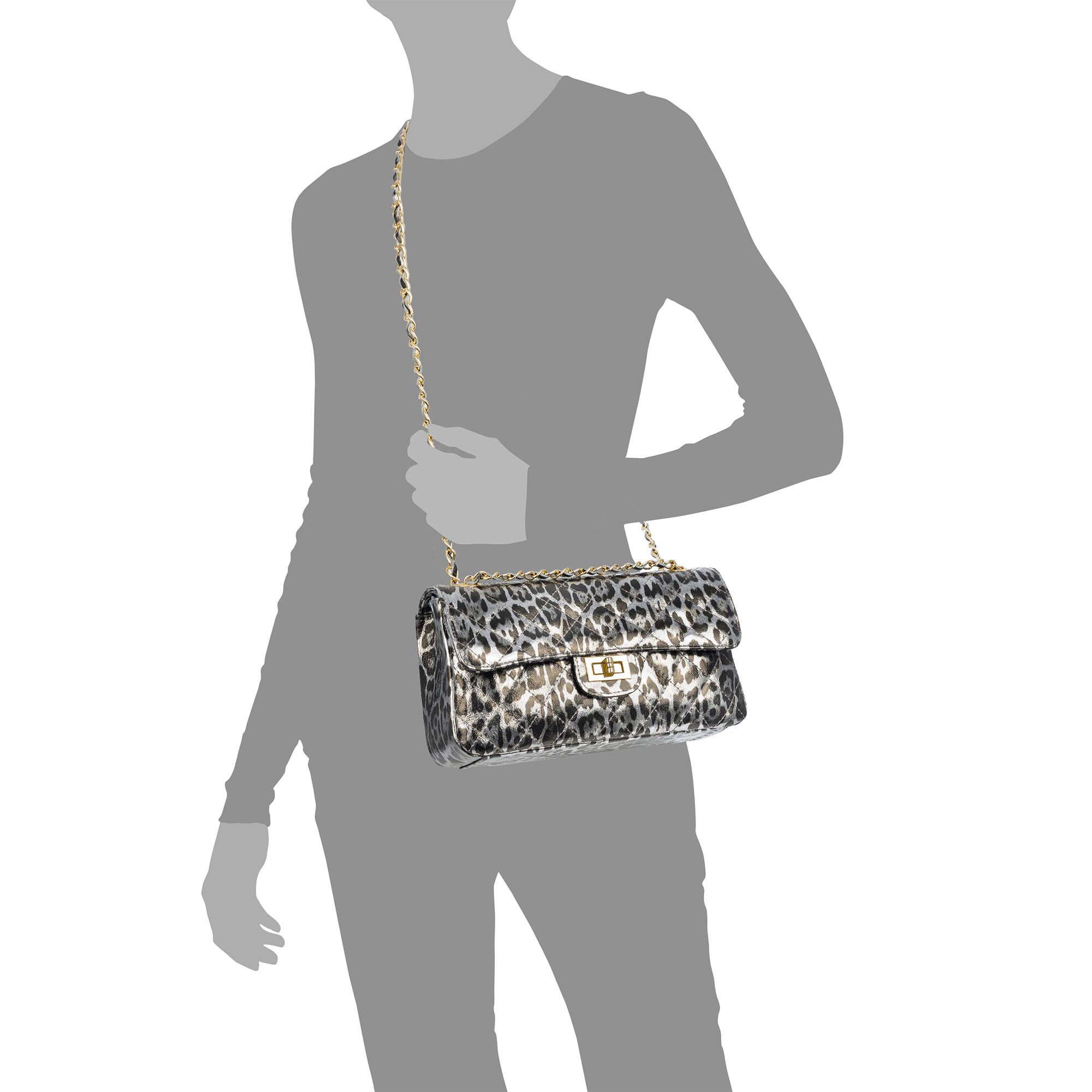 Caeli borsa a spalla Donna. Vera pelle scamosciata imbottita, stampa animale leopardata, laccato lucido.