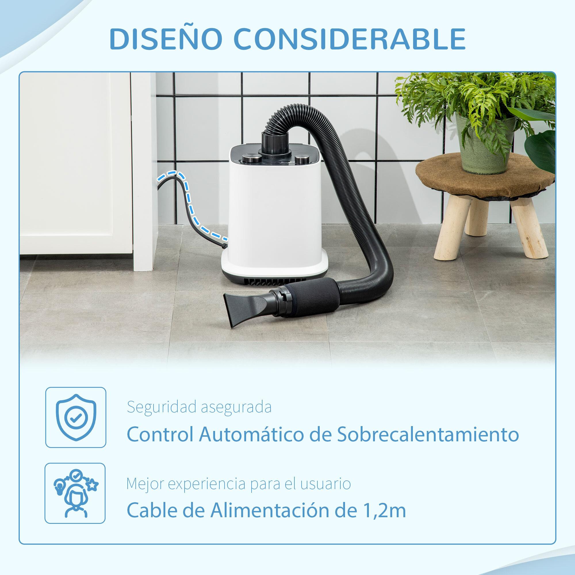 Secador de Pelo para Perros 2000W con Soplador para Mascotas Profesional con Temperatura Ajustable Velocidad Continua Manguera 1,2m 4 Boquillas 23x23x26,5 cm Blanco