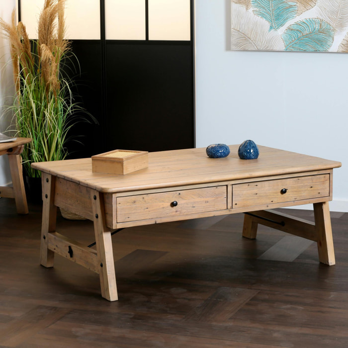 Table basse avec rangement bois recyclé clair tréteaux SALERNE